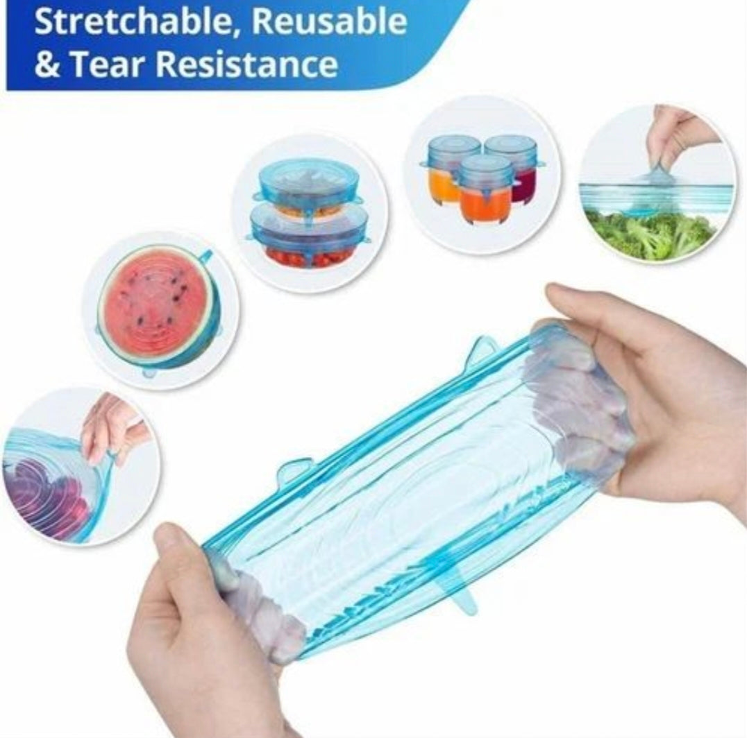 Silicone Stretch Lids, Multi Size Reuseable Flexible Covers for Rectangle, Round, Square Bowls, Dishes, Plates, Cans, Jars, Glassware, Mugs and Freezer Safe to keep food fresh (Colour May Vary) (Pack of 6 Pcs)