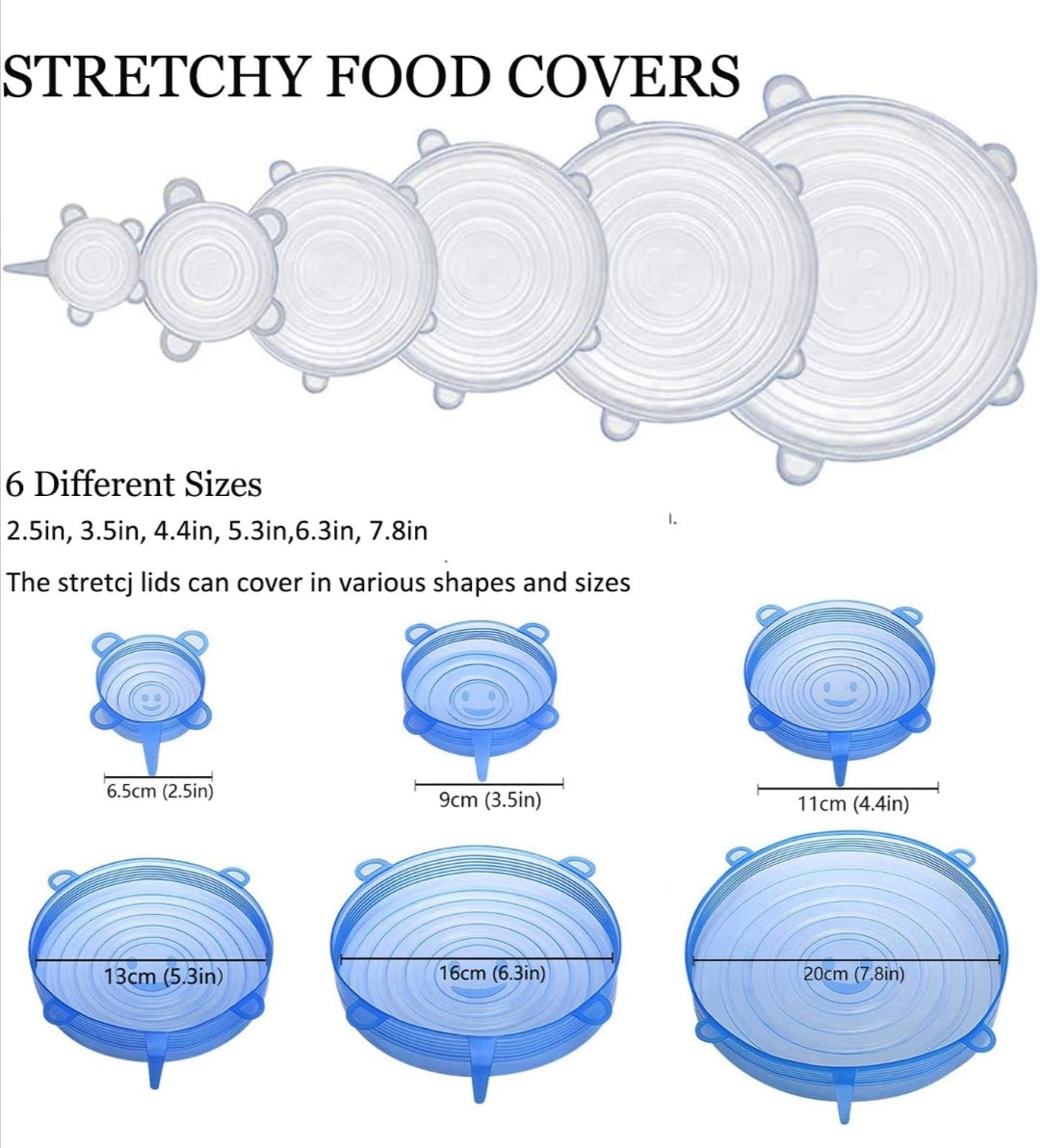 Silicone Stretch Lids, Multi Size Reuseable Flexible Covers for Rectangle, Round, Square Bowls, Dishes, Plates, Cans, Jars, Glassware, Mugs and Freezer Safe to keep food fresh (Colour May Vary) (Pack of 6 Pcs)