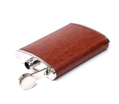 Leather Wrapped Stainless Steel Liquor Bottle or Wine Whiskey Alcohol Drinks Holder Pocket Hip Flask for Men - Brown, 7 oz (210 ml)